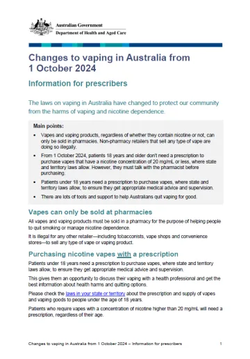 Changes to vaping in Australia from 1 October 2024 – Fact sheet for prescribers
