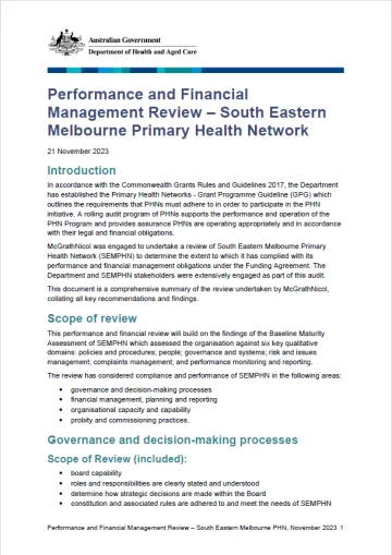 Performance and Financial Management Review of the Primary Health Network