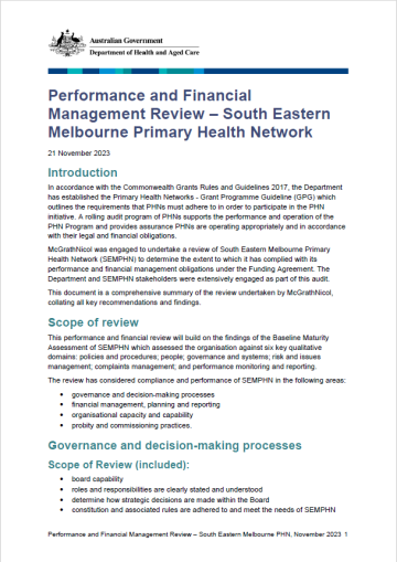 Performance and Financial Management Review of the Primary Health Network