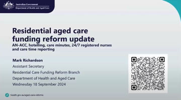 Cover slide for the Residential aged care funding reform update webinar