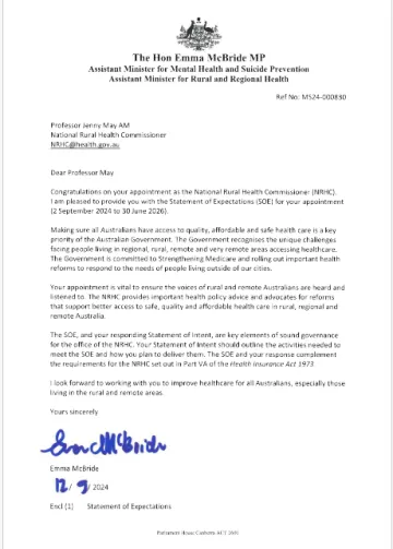 Statement of Expectations for the National Rural Health Commissioner 2 September 2024 – 30 June 2026