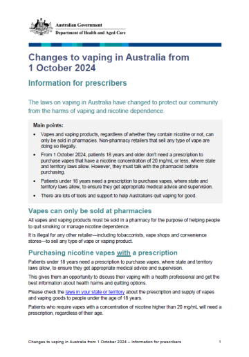 Changes to vaping in Australia from 1 October 2024 – Fact sheet for prescribers