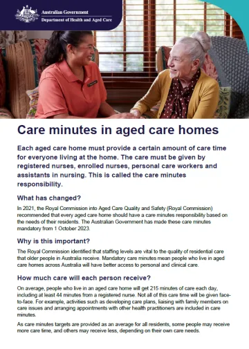 Cover page for the Care minutes in aged care homes