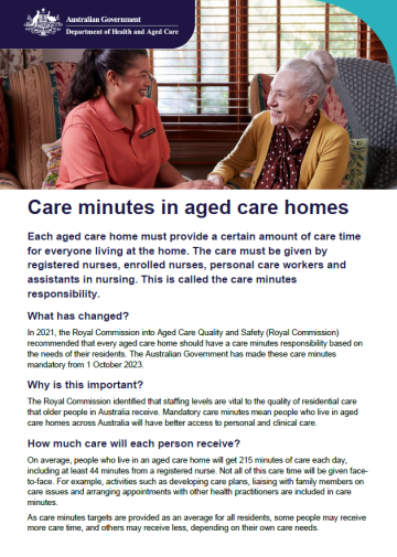 Cover page for the Care minutes in aged care homes