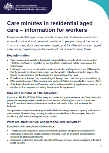 Cover page for the Care minutes in residential aged care – information for workers
