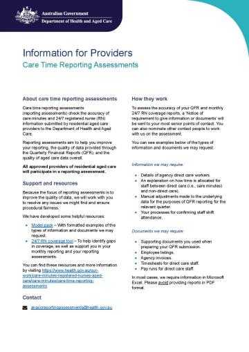 Cover image of the Care time reporting assessments – Information for providers