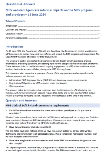 Image of page 1 for the Q&A webinar 2 on Aged care reforms