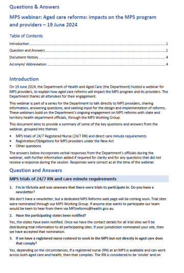 Image of page 1 for the Q&A webinar 2 on Aged care reforms