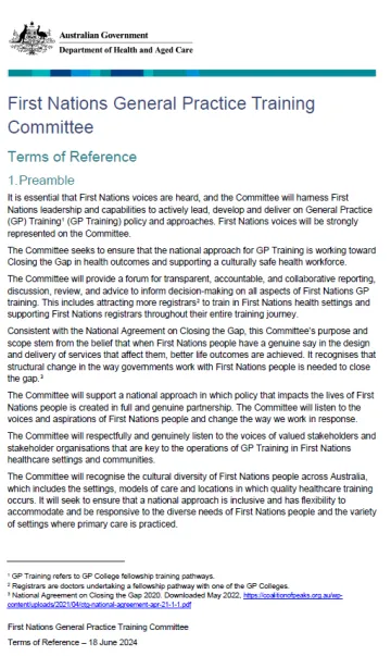First Nations General Practice Training Committee  – Terms of reference
