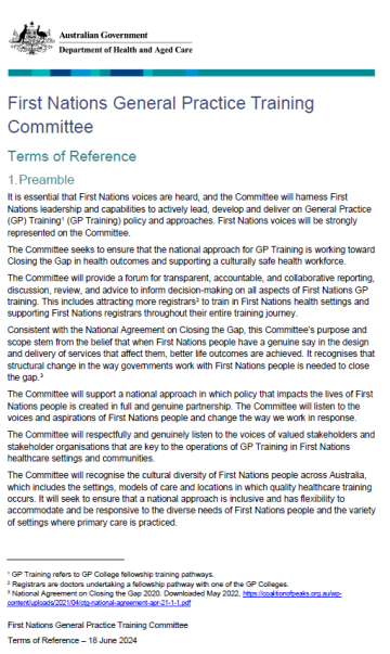 First Nations General Practice Training Committee  – Terms of reference