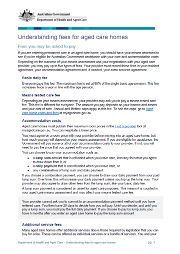 Understanding fees for aged care homes