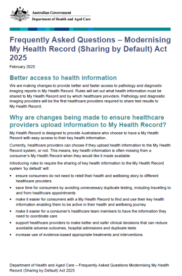 Cover page_Frequently Asked Questions – Modernising My Health Record (Sharing by Default) Act 2025