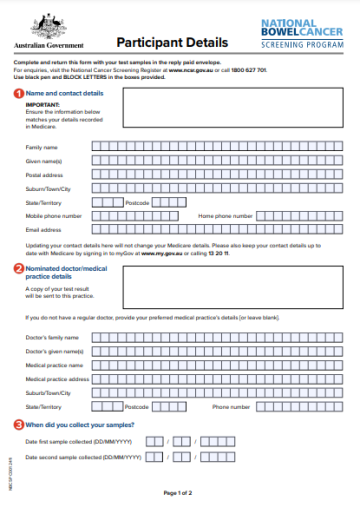 National Bowel Cancer Screening Program – Participant details form (March 2025)