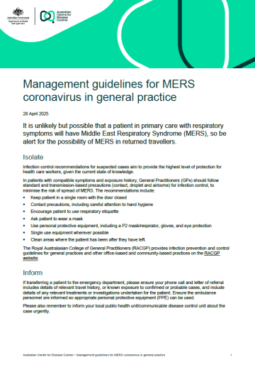 Management guidelines for MERS coronavirus in general practice