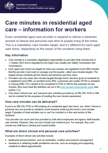 Cover page for the Care minutes in residential aged care – information for workers fact sheet