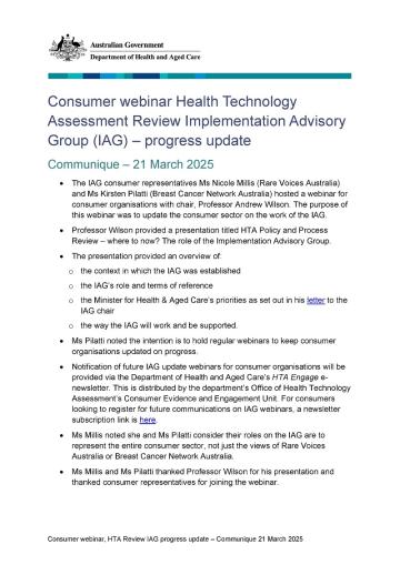 Health Technology Assessment Review Implementation Advisory Group (IAG) – progress update