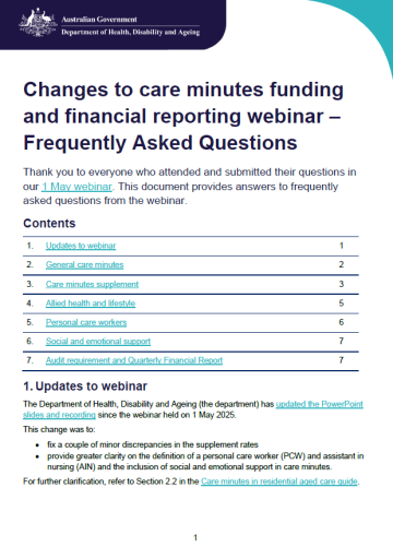 Residential aged care financial reporting and care minutes funding update  – Questions and answers
