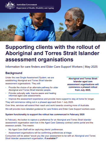 Supporting clients with the rollout of Aboriginal and Torres Strait Islander assessment organisations fact sheet