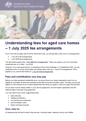 Cover page for the Understanding fees for aged care homes