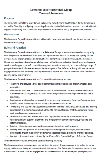 Cover page from the Dementia Expert Reference Group (DERG) – Terms of reference (July 2025)