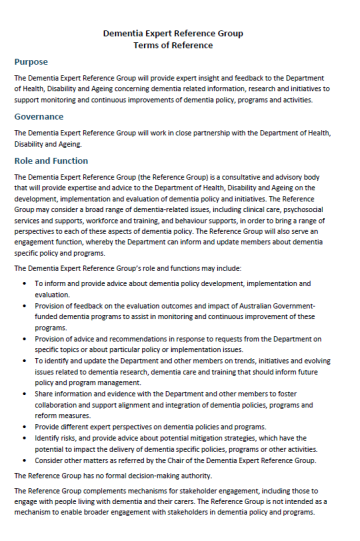 Cover page from the Dementia Expert Reference Group (DERG) – Terms of reference (July 2025)