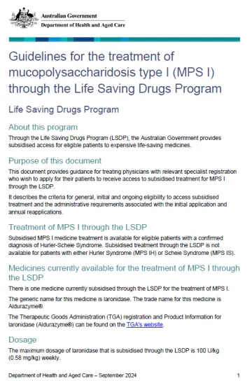 Life Saving Drugs Program resources – Mucopolysaccharidosis type I (MPS I)