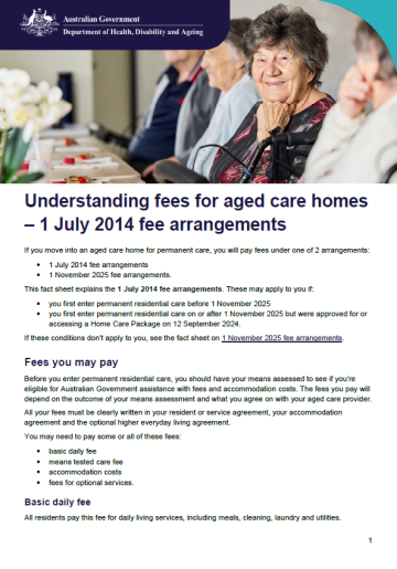 Understanding fees for aged care homes – 1 July 2014 fee arrangements
