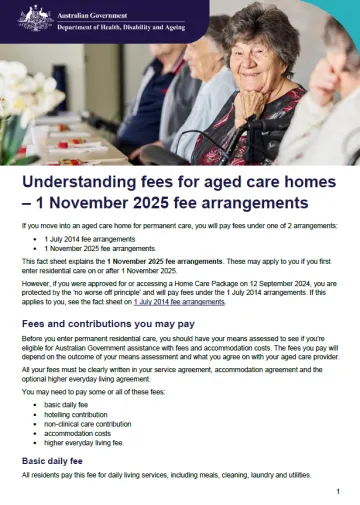 Cover page for the Understanding fees for aged care homes – 1 November 2025 fee arrangements