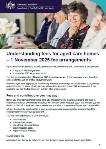 Cover page for the Understanding fees for aged care homes – 1 November 2025 fee arrangements