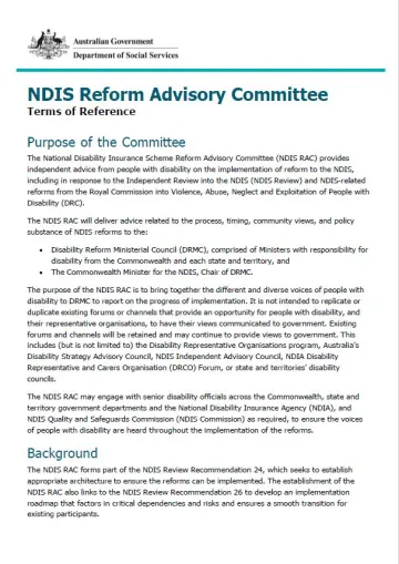 NDIS Reform Advisory Committee Terms of Reference cover image