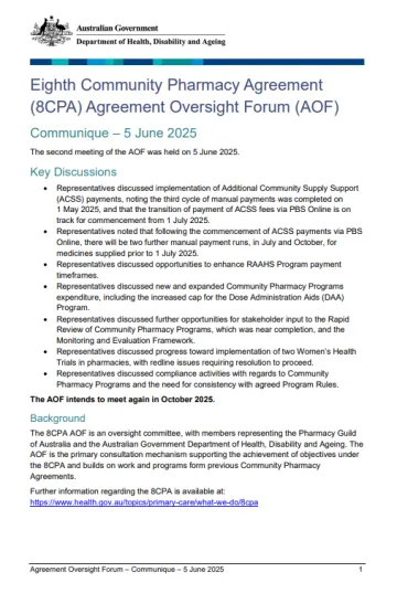 Eighth Community Pharmacy Agreement Oversight Forum – Communique