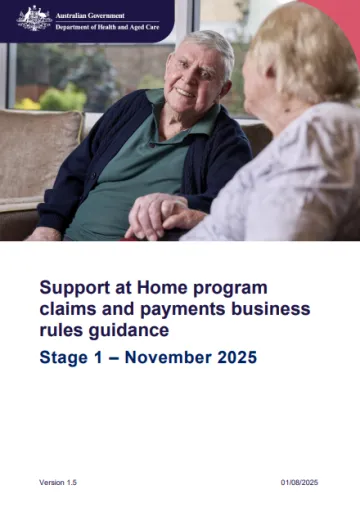Support at Home program claims and payments business rules guidance – Stage 1. November 2025 cover page