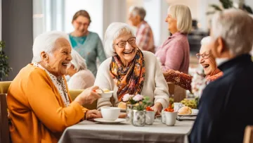 Photo of a group of elderly people smiling and sitting around a table enjoying afternoon tea