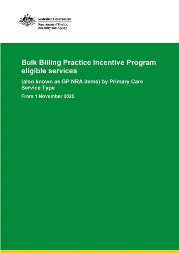 Thumbnail of cover: text says Bulk Billing Practice Incentive Program: eligible services