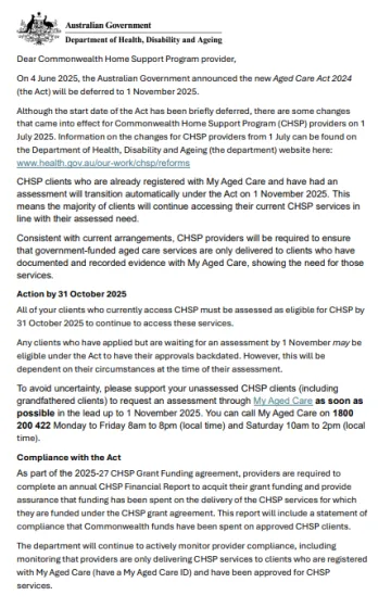 Commonwealth Home Support Program (CHSP) changes from 1 November 2025 – letter to providers 