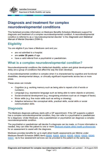 Cover page for Diagnosis and treatment for complex neurodevelopmental conditions fact sheet