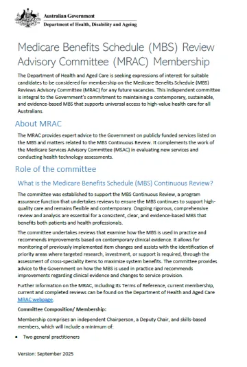 Medicare Benefits Schedule Review Advisory Committee – Terms of reference cover page