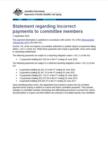 Statement regarding incorrect payments to committee members