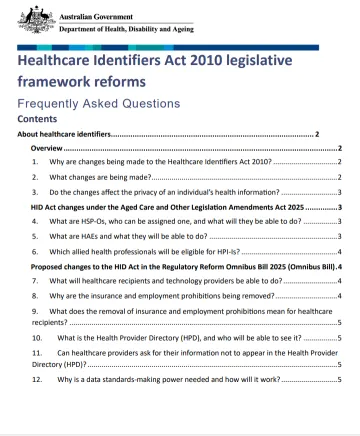 Cover page for the Frequently Asked Questions Healthcare Identifiers Act 2010 legislative framework reforms