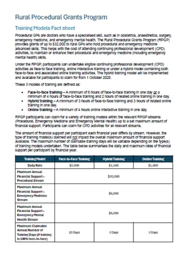 Rural Procedural Grants Program Training Models Fact sheet