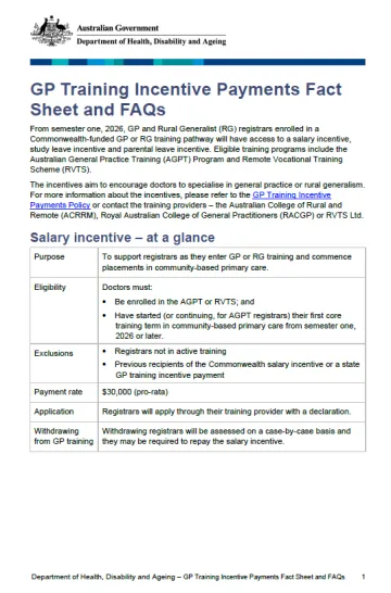 Cover page for the GP Training Incentive Payments Fact Sheet and FAQs