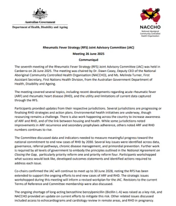 Cover page for the Rheumatic Fever Strategy Joint Advisory Committee – 26 June 2025 Communique