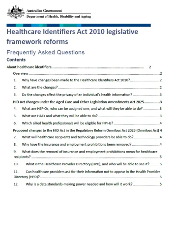 Cover page for the Amendments to the Healthcare Identifiers Act 2010: Frequently Asked Questions