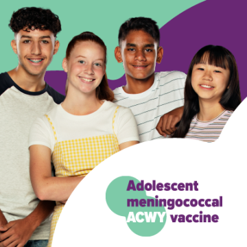 Image of four teenagers, and meningococcal ACWY vaccine logo
