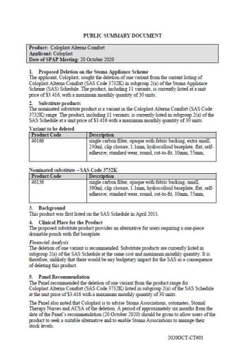 Cover image for Stoma Product Assessment Panel public summary documents – October 2020 meeting