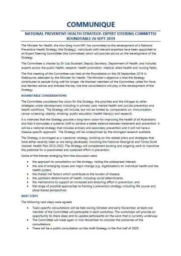 Cover image for National Preventive Health Strategy Expert Steering Committee communique – September 2019