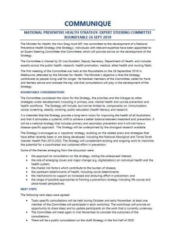 Cover image for National Preventive Health Strategy Expert Steering Committee communique – September 2019