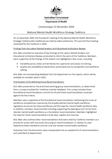 National Mental Health Workforce Strategy Taskforce communiques