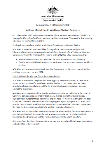 National Mental Health Workforce Strategy Taskforce communiques