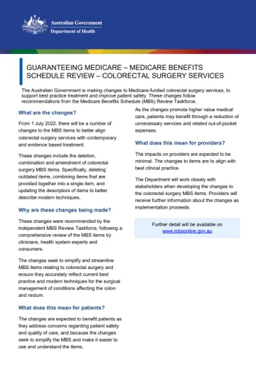 Cover image of the guaranteeing Medicare – Medical Benefits Schedule review – Colorectal surgery services fact sheet